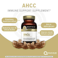 Quality of Life AHCC product label emphasizing GMP-certified production.