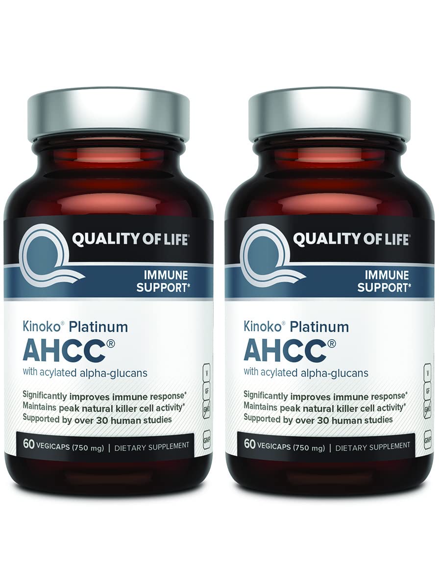 Quality of Life AHCC Kinoko Platinum 750 mg bottle front view for premium immune support