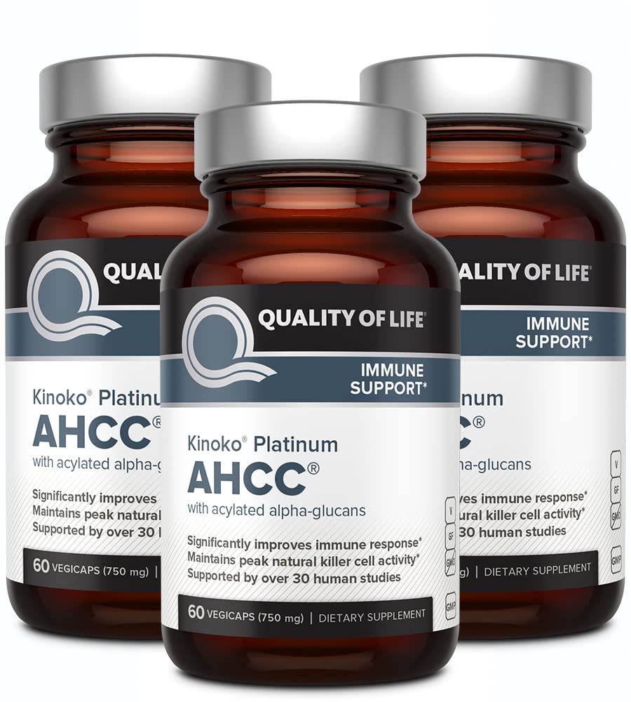 Quality of Life AHCC Kinoko Platinum 750 mg bottle pack, premium immune support.