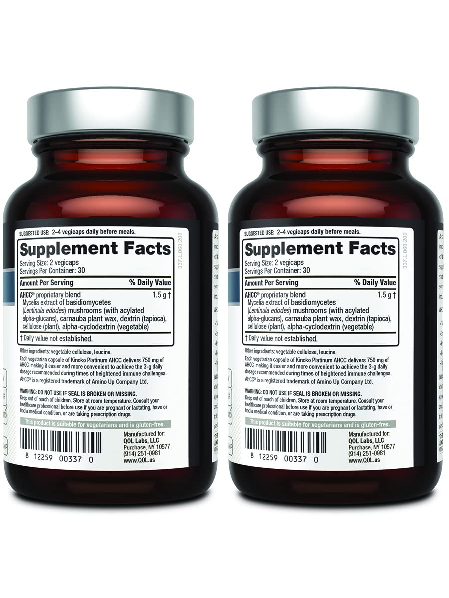 Quality of Life AHCC Kinoko Platinum 750 mg bottle side view shows compact capsules