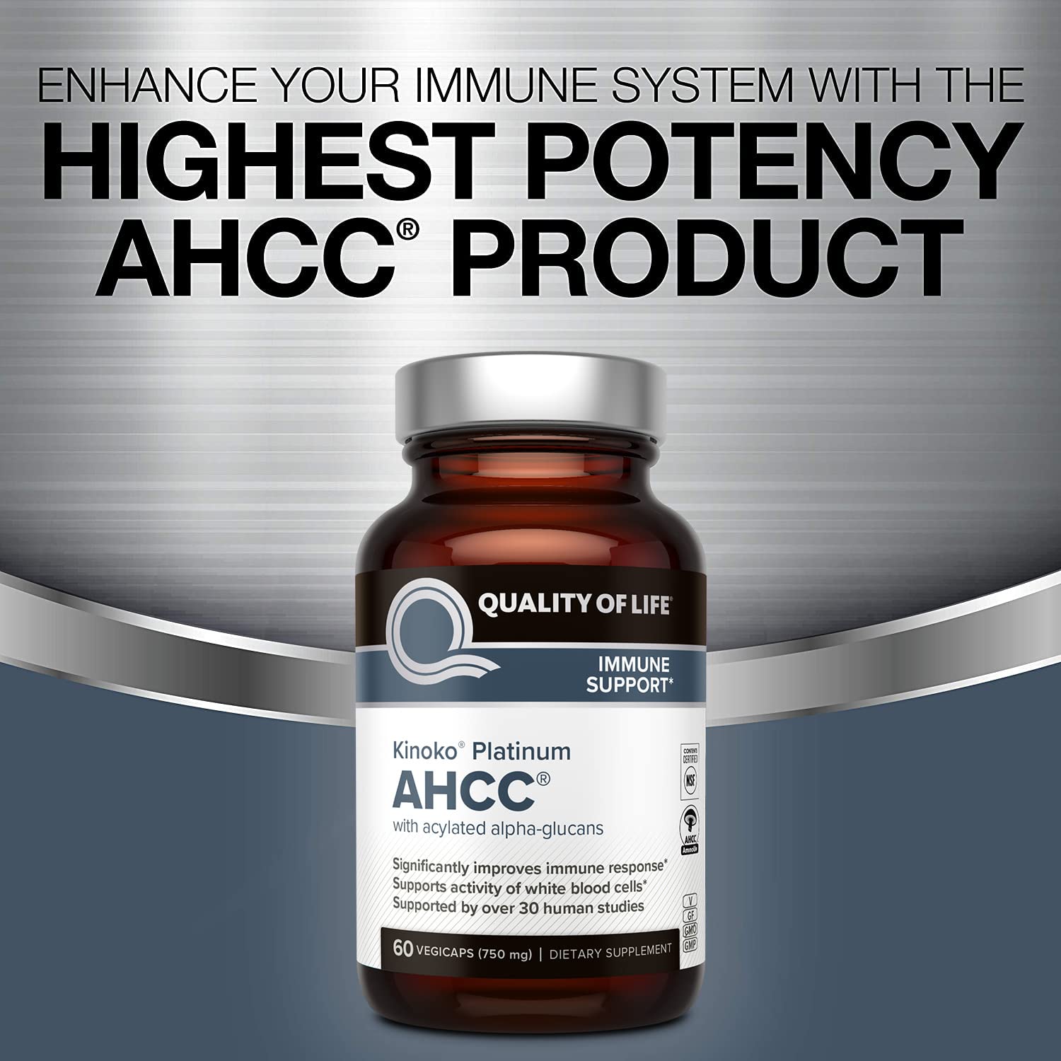 Quality of Life AHCC Kinoko Platinum capsules close-up for easy daily use