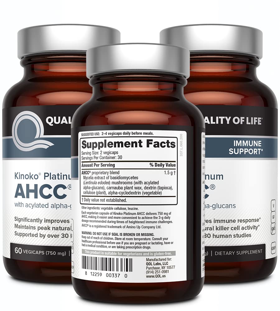 Quality of Life AHCC Kinoko Platinum capsules close-up, high-quality extract.