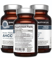 Quality of Life AHCC Kinoko Platinum capsules close-up, high-quality extract.