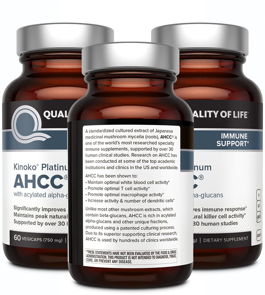 Quality of Life AHCC Kinoko Platinum label view, notable production standards.