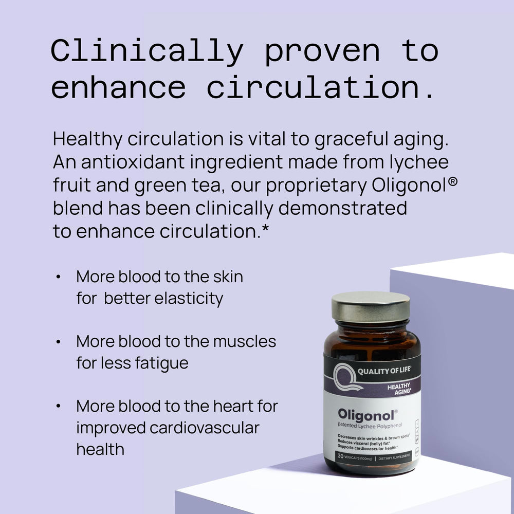 Quality of Life anti-aging supplement supporting daily vitality with antioxidant-rich lychee and green tea.