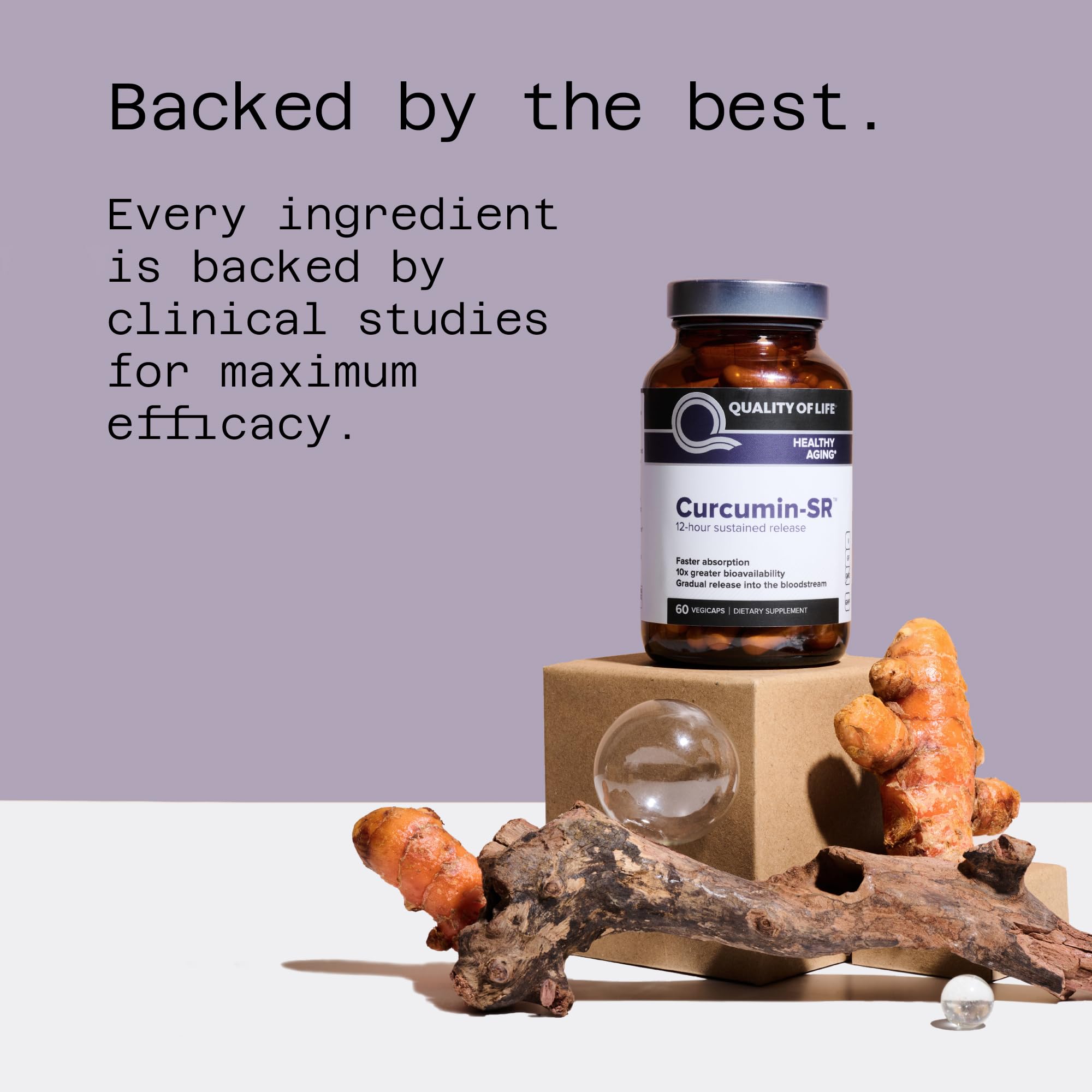 Quality of Life Curcumin-SR 12-hour release illustration emphasizing steady turmeric presence.