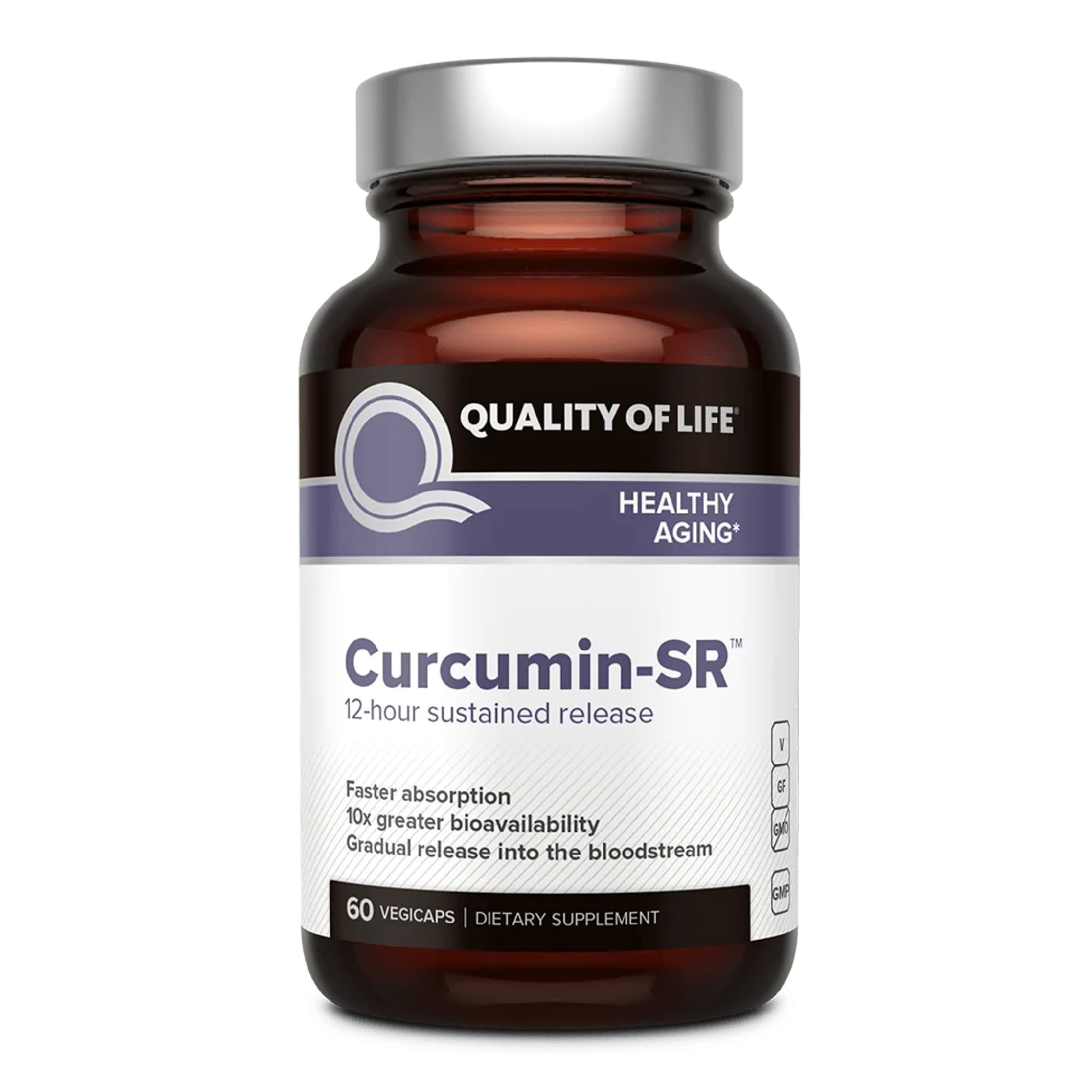 Quality of Life Curcumin-SR bottle closeup showing sustained-release design for steady turmeric support.