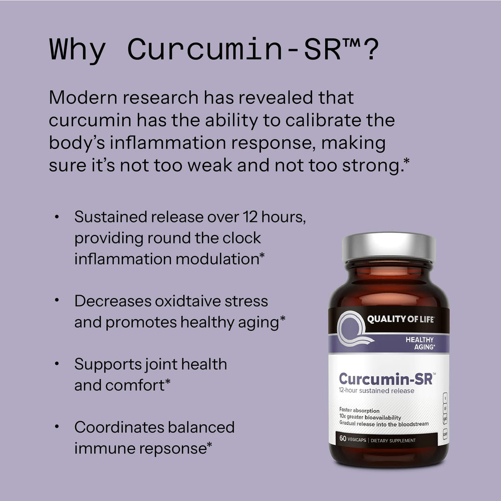 Quality of Life Curcumin-SR vegan, gluten-free, dairy-free capsule for inclusive wellness.