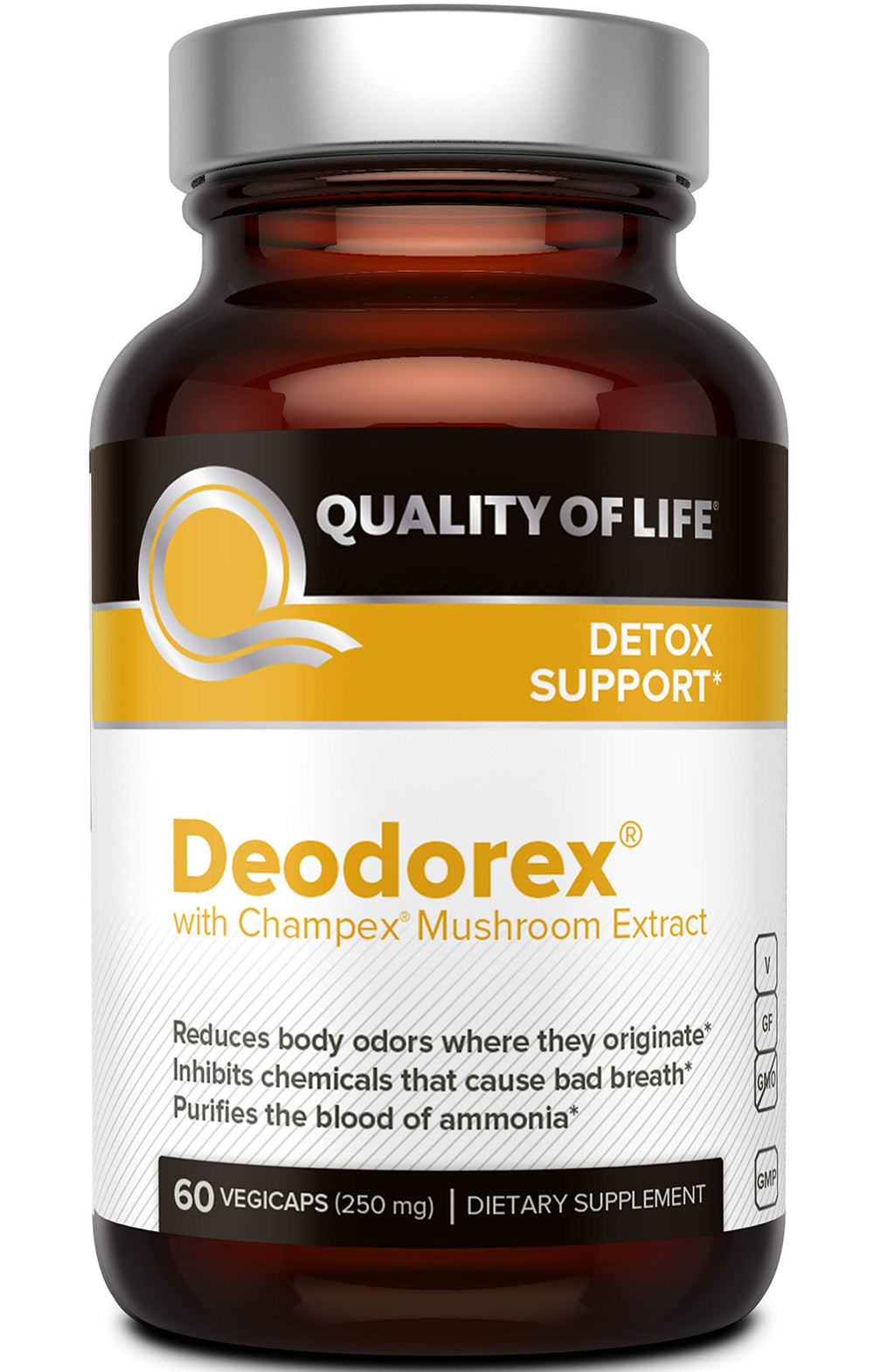 Quality of Life Deodorex bottle front highlighting detox support.