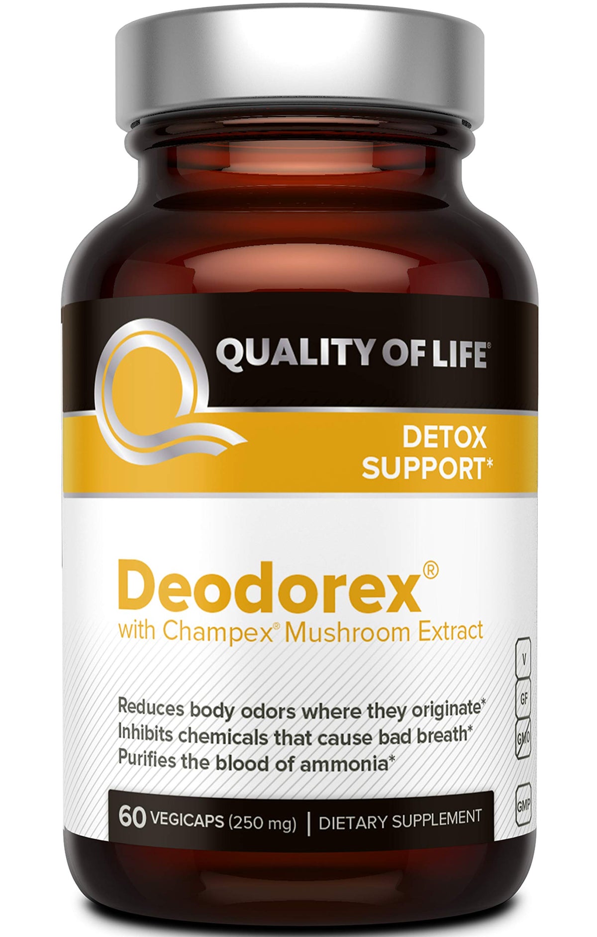 Quality of Life Deodorex bottle front highlighting detox support.