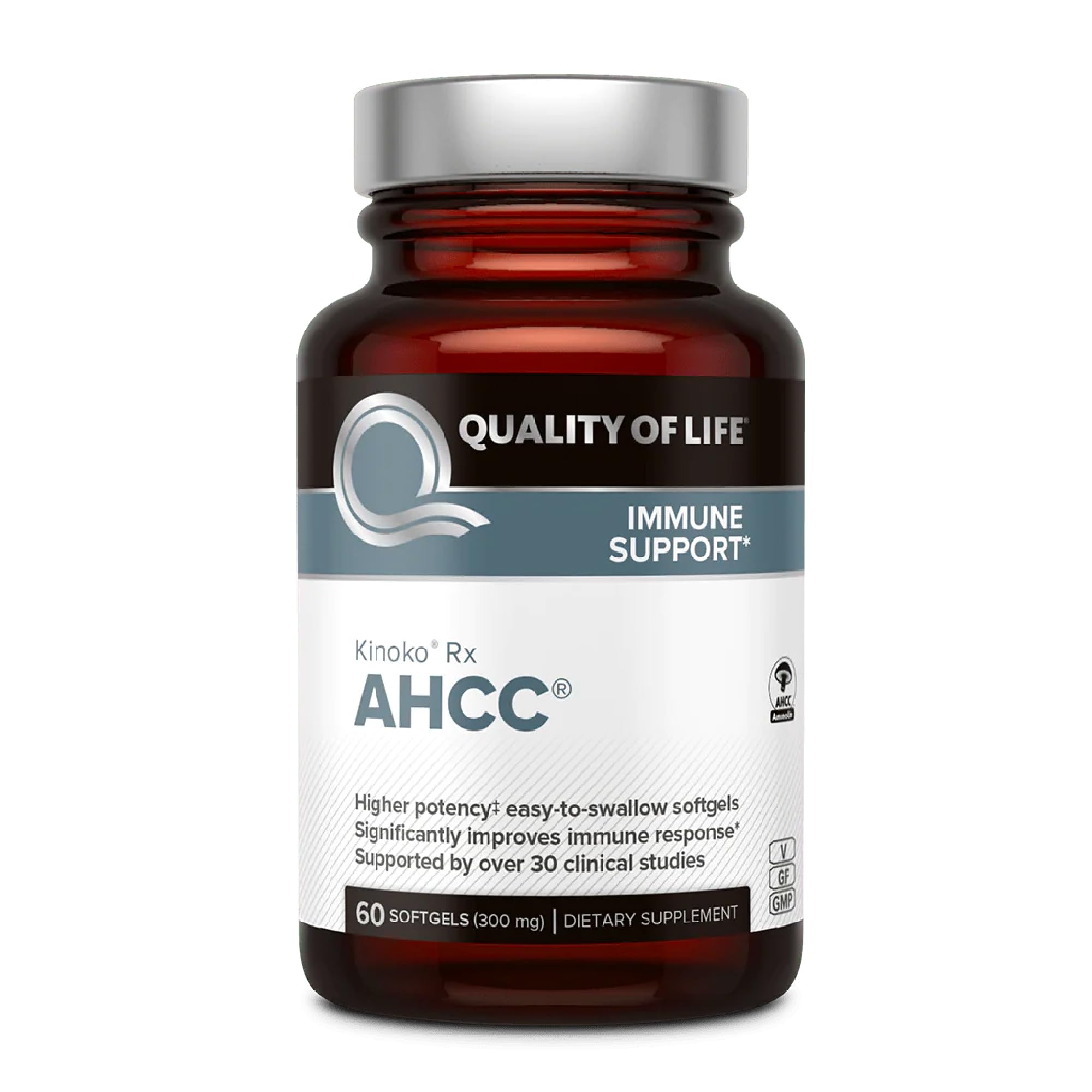 Quality of Life AHCC Rx bottle showing premium immune support in softgels