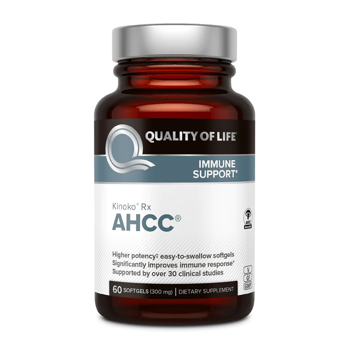 Quality of Life AHCC Rx bottle showing premium immune support in softgels