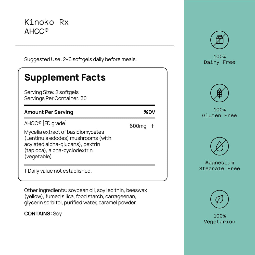 Quality of Life AHCC Rx capsules closeup highlighting 300 mg per softgel
