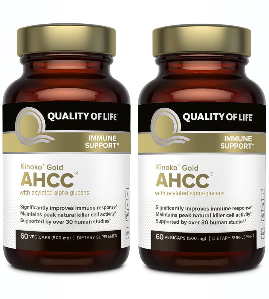 Quality of Life Kinoko Gold AHCC bottle front with immune-support capsules.