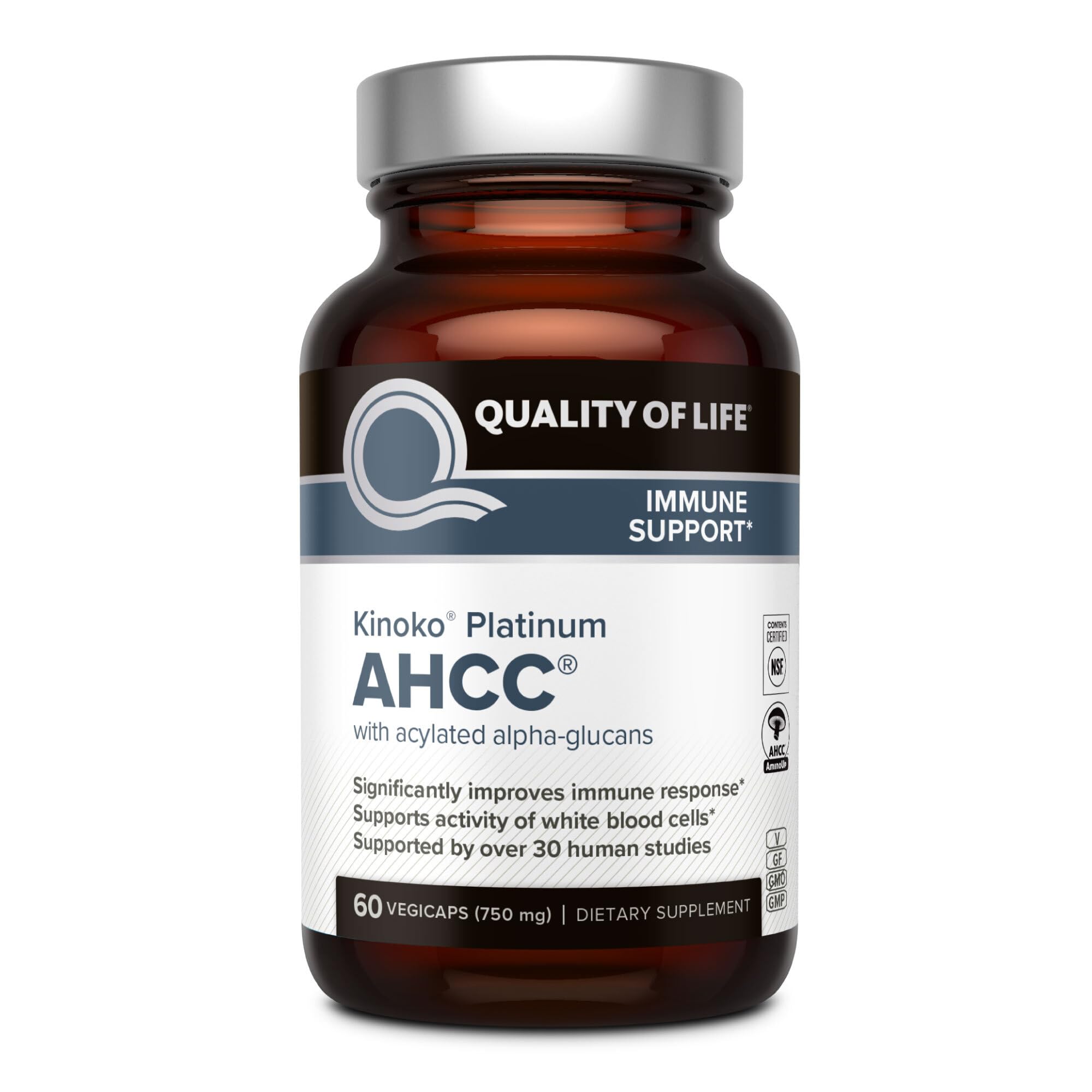 Quality of Life Kinoko Platinum AHCC bottle showing premium immune support potential.