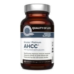 Quality of Life Kinoko Platinum AHCC bottle showing premium immune support potential.