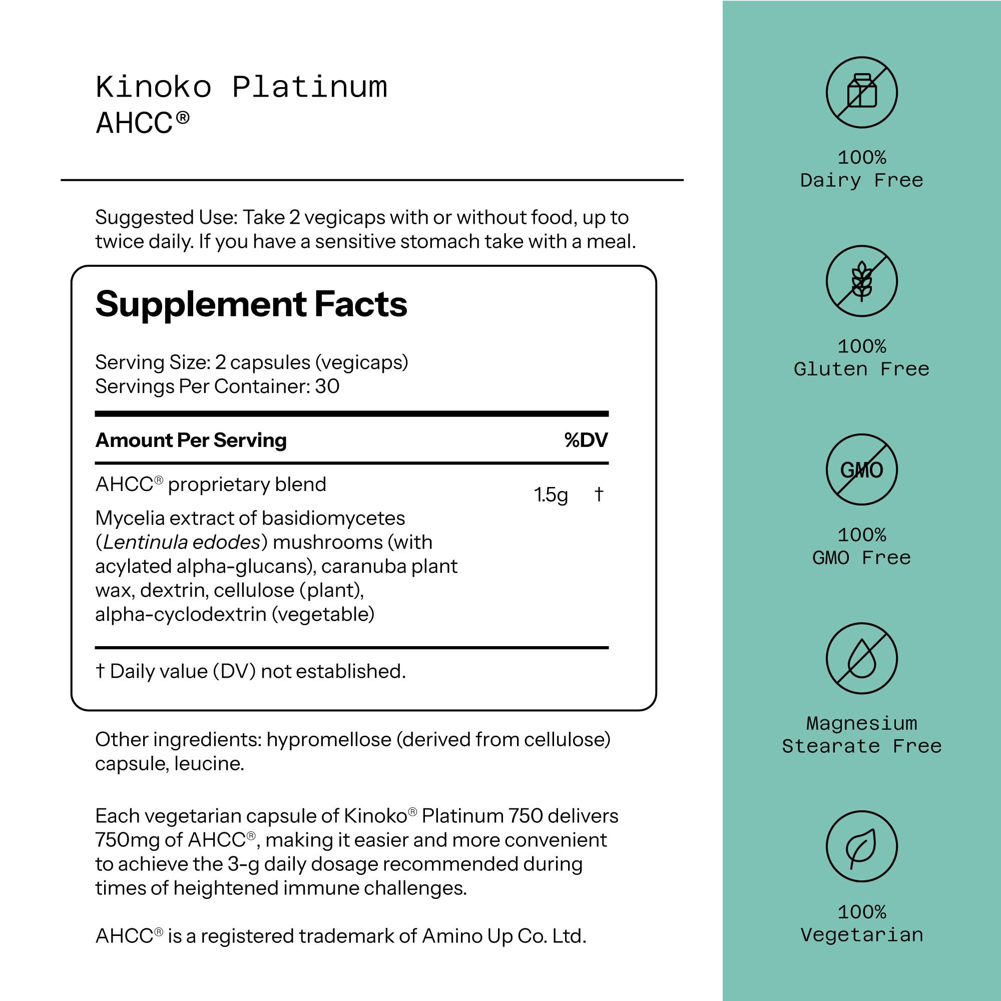 Quality of Life Kinoko Platinum AHCC capsules for daily immune health routine.