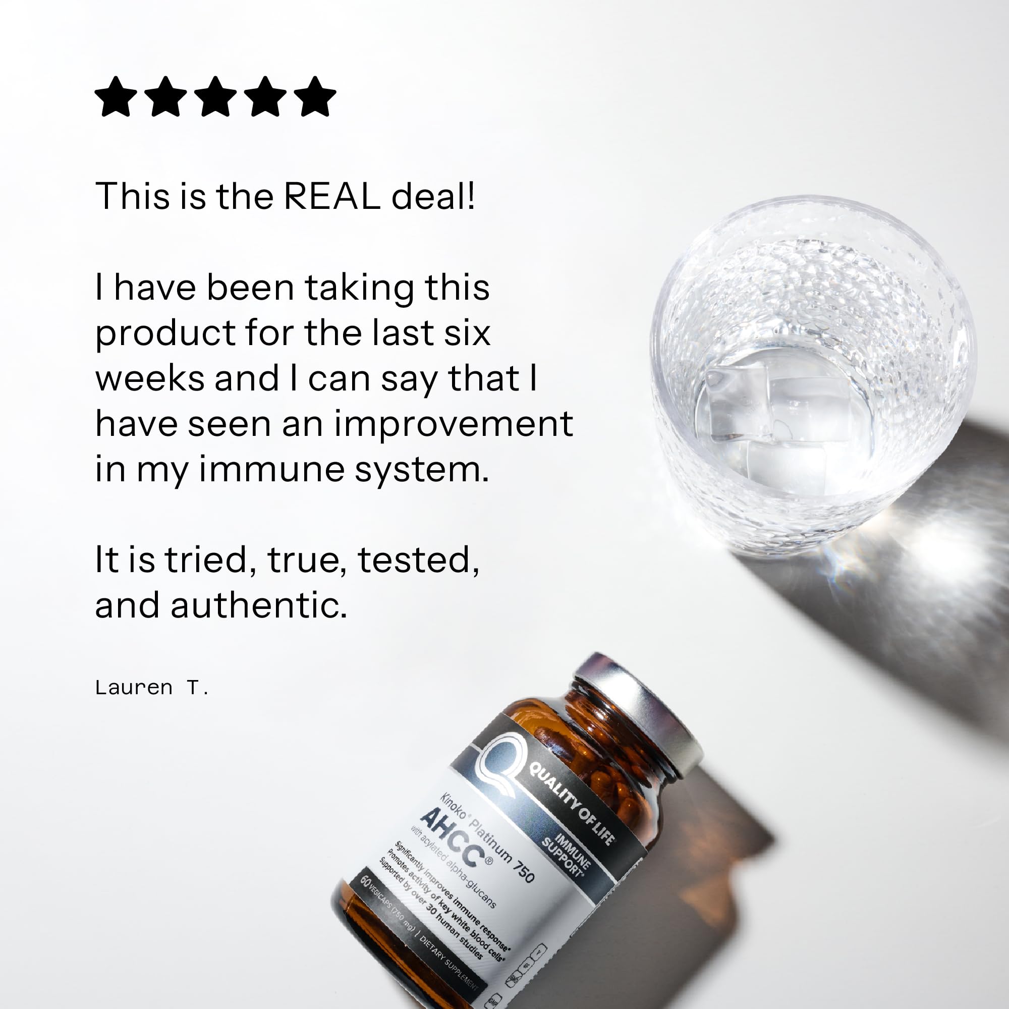 Quality of Life Kinoko Platinum AHCC bottle and veggie capsules ready-to-take.