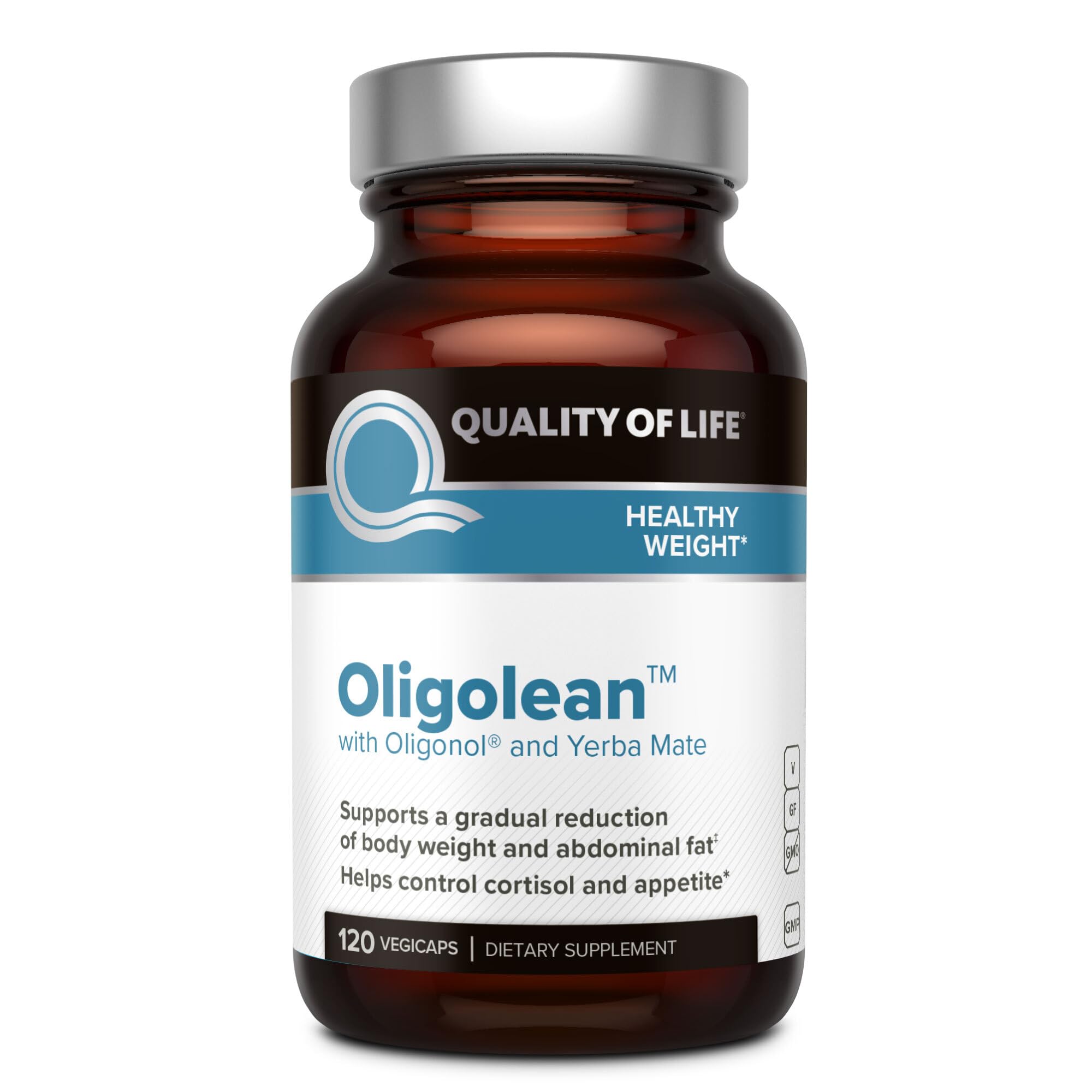 Quality of Life Oligolean bottle close-up showing capsules for daily metabolism support.