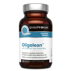 Quality of Life Oligolean bottle close-up showing capsules for daily metabolism support.