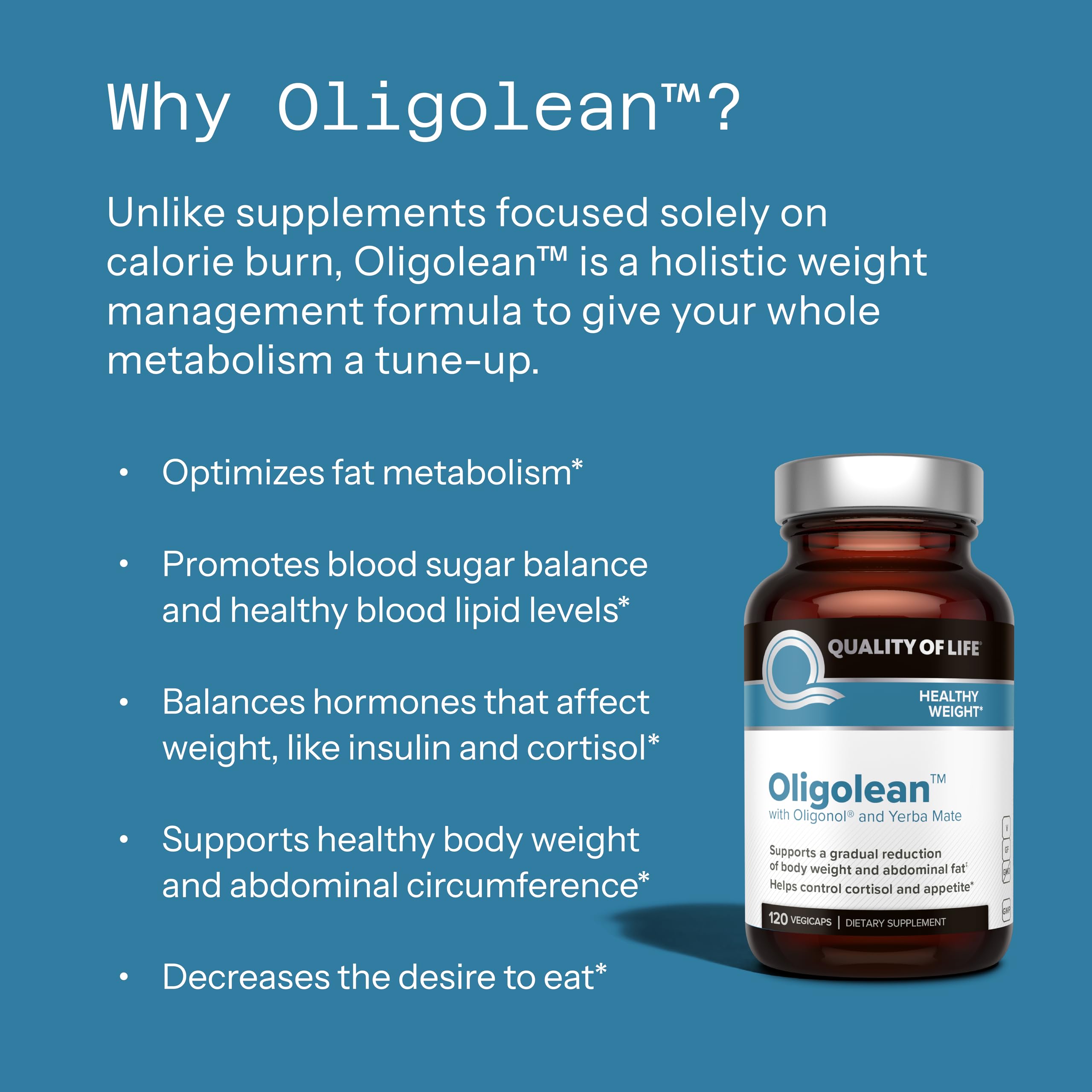 Quality of Life Oligolean product box on counter supports daily wellness routine.