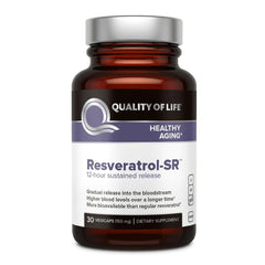Quality of Life Resveratrol SR bottle front with potential anti-aging support.