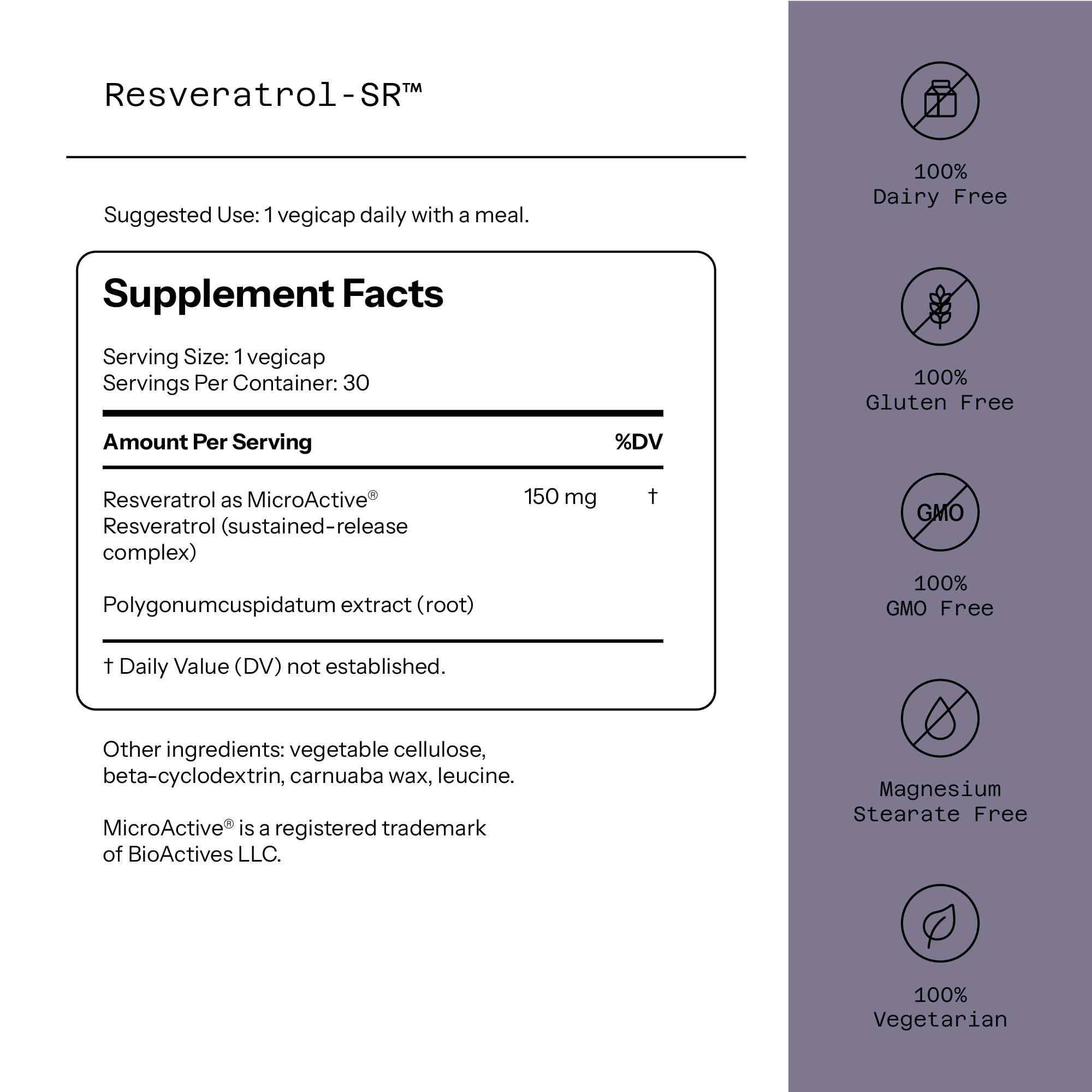Quality of Life Resveratrol SR bottle side highlighting MicroActive release.