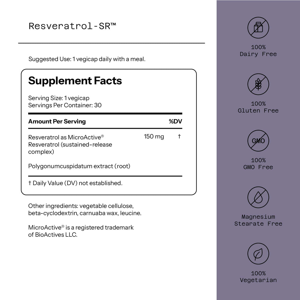 Quality of Life Resveratrol SR bottle side highlighting MicroActive release.