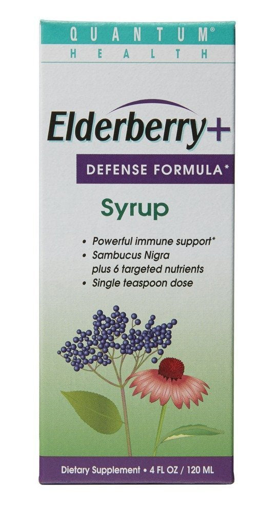 Quantum Elderberry-C Syrup bottle, gluten-free and simple, ideal for mixing into tea or juice