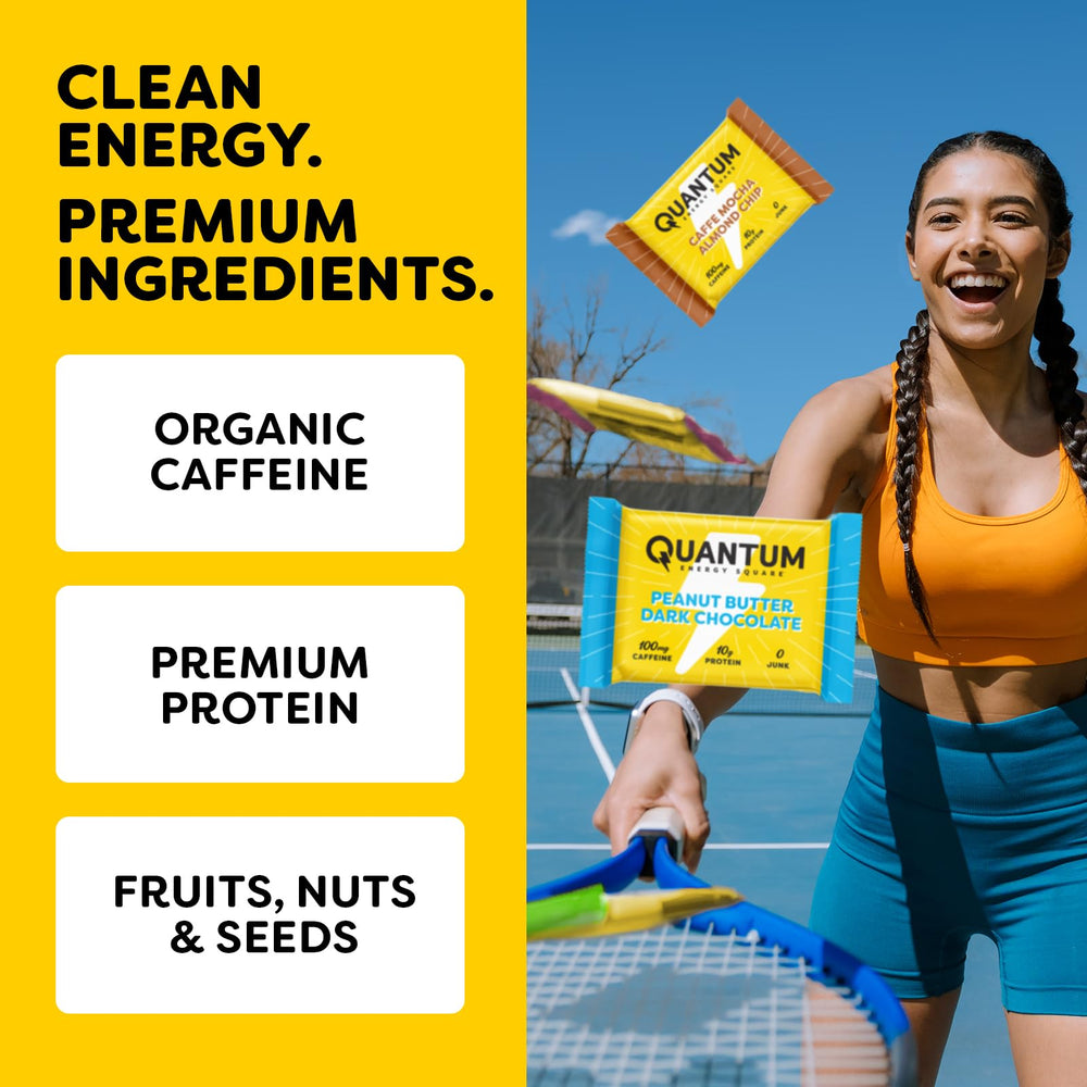 Quantum Energy Square bar with caramel almond slices inviting flavor and quick energy.