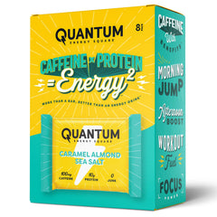 Quantum Energy Square caramel-almond-sea-salt bar on display, provides a clean caffeine lift for quick focus.