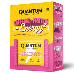 Quantum Energy Squares packaging featuring dark chocolate and pink Himalayan salt for on-the-go snacking.