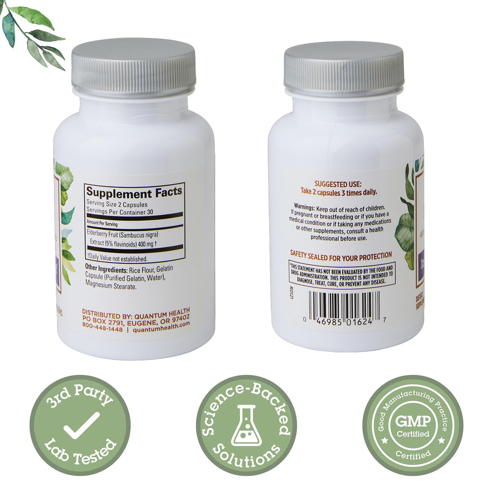 Quantum Health Black Elderberry bottle back shows serving size and flavonoids