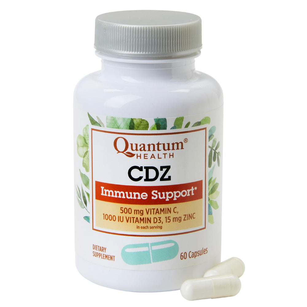 Quantum CDZ Immune bottle shown with daily vitamin blend for immune support