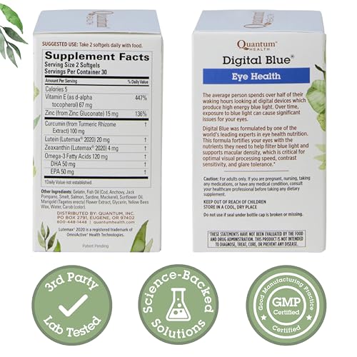 Closeup of Quantum Health Digital Blue softgels highlighting easy swallowing.