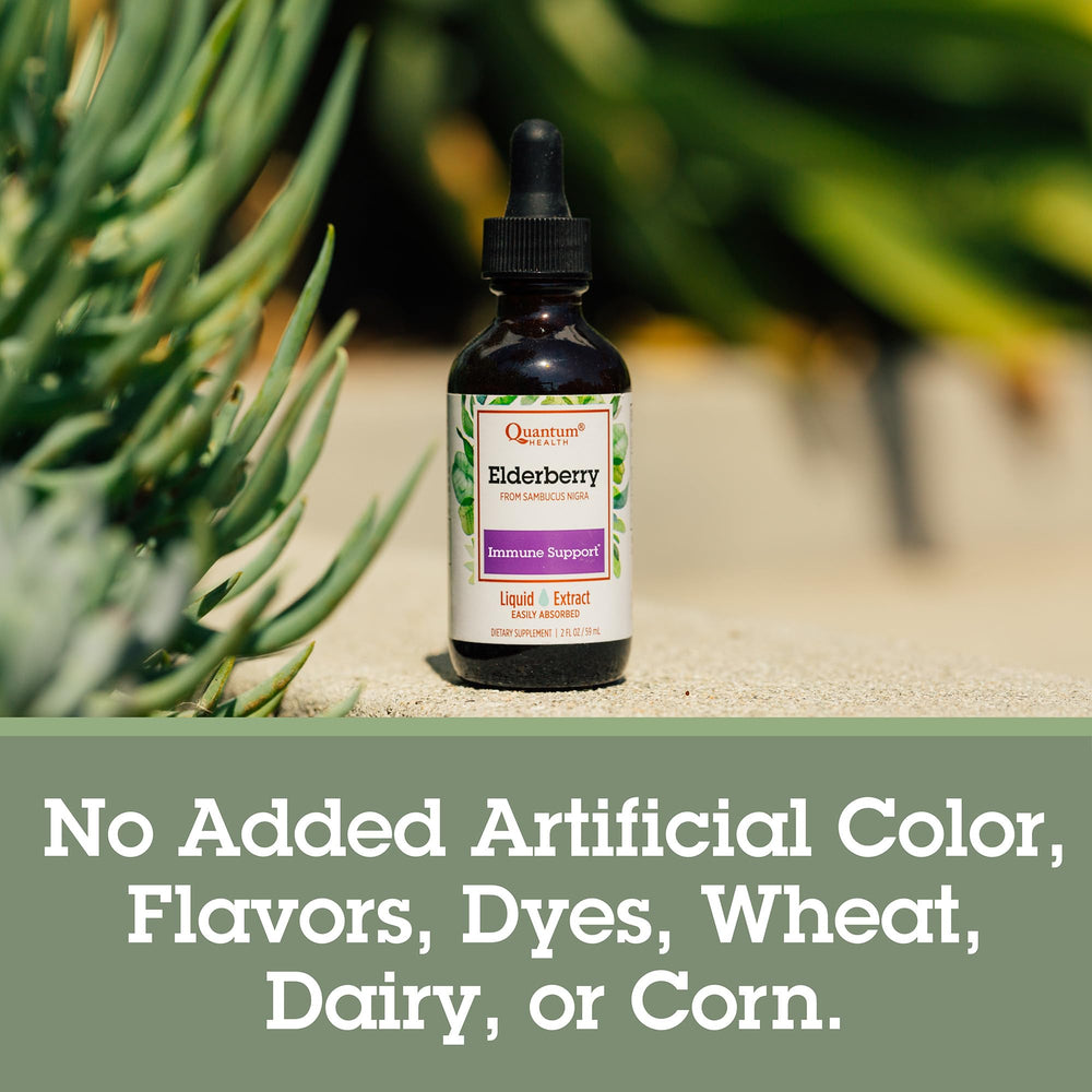Quantum Health elderberry bottle with packaging communicates trusted, nature-driven wellness.