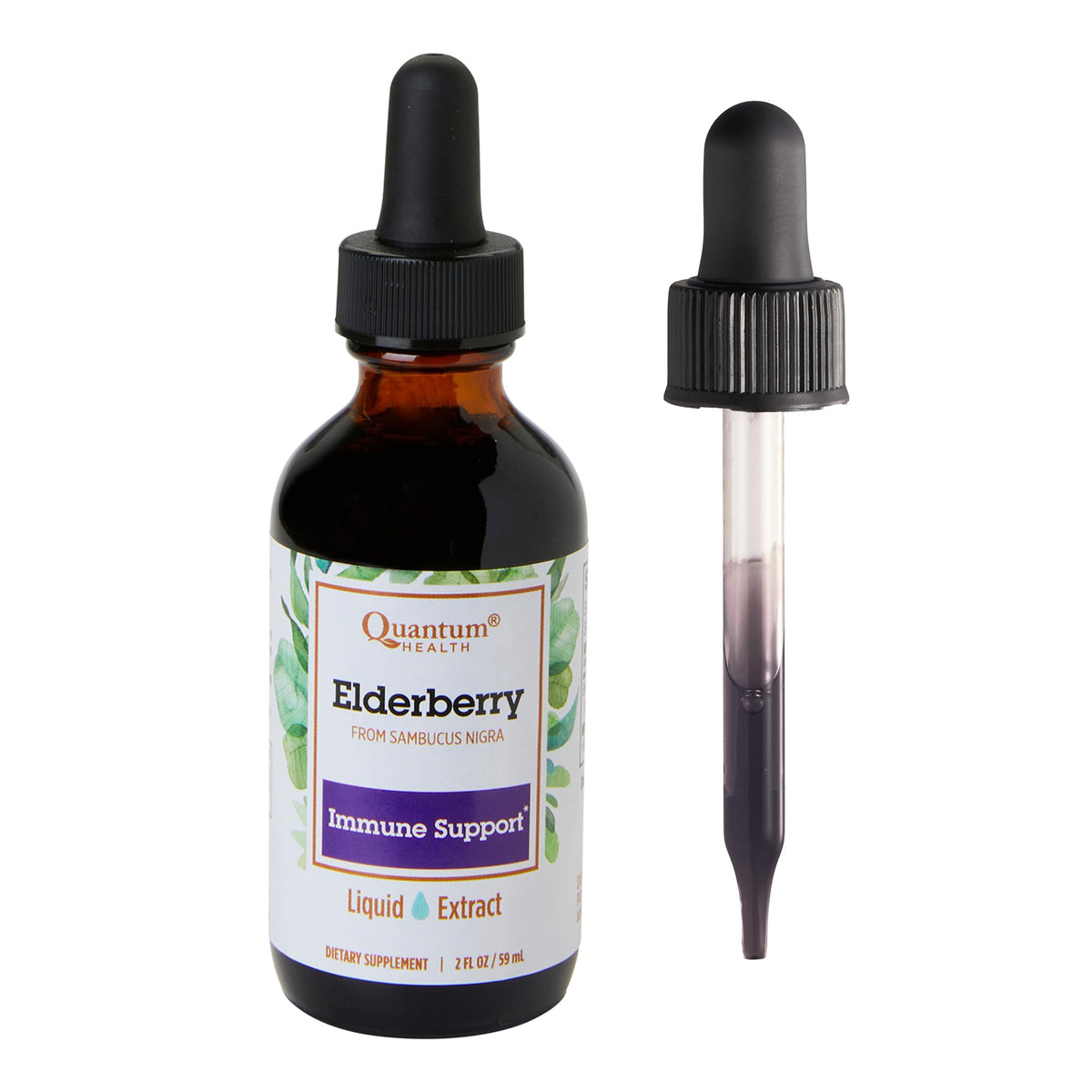 Quantum Health elderberry liquid bottle ready for daily immune-support routine.