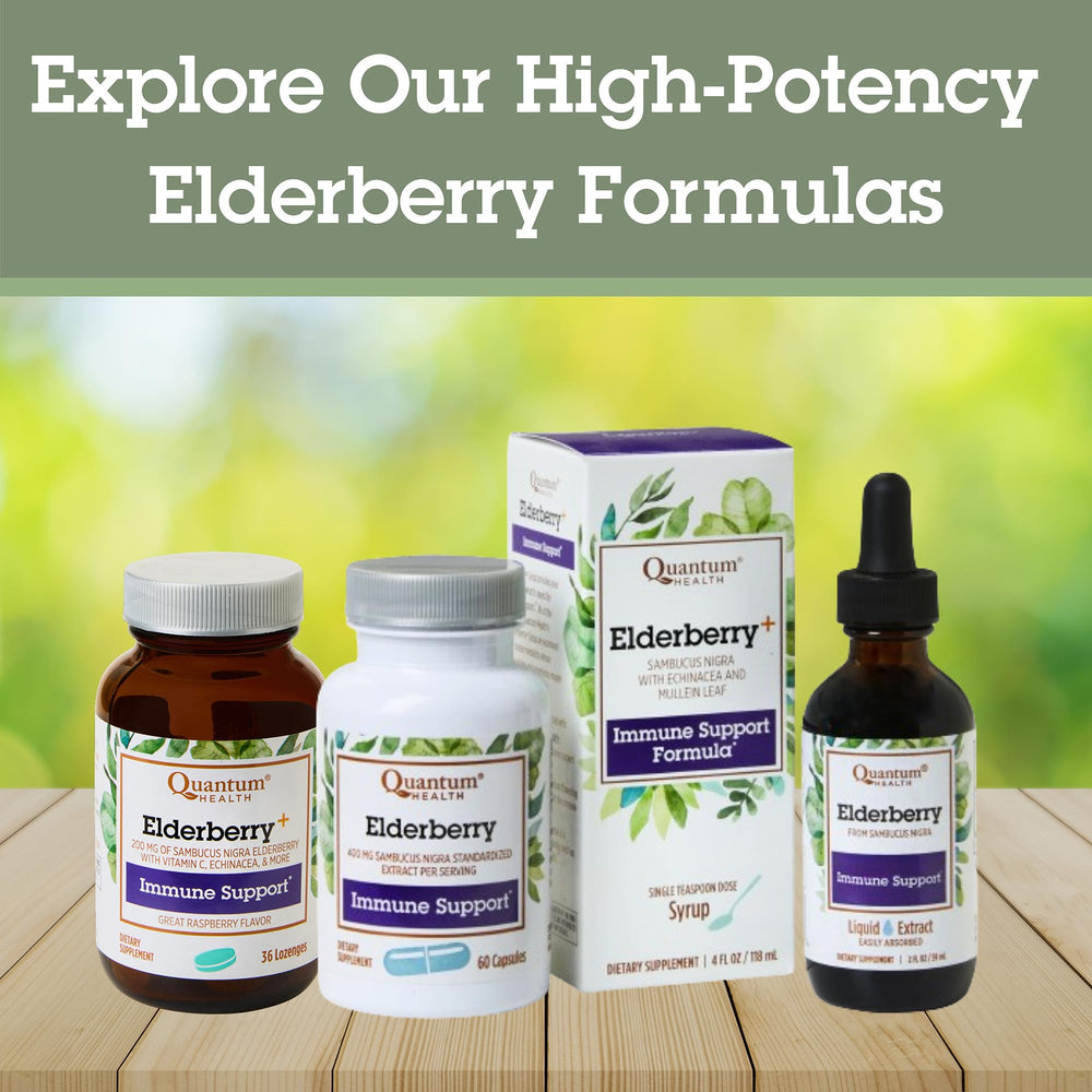 Quantum Health elderberry daily-use glass scene emphasizes practical wellness routine.