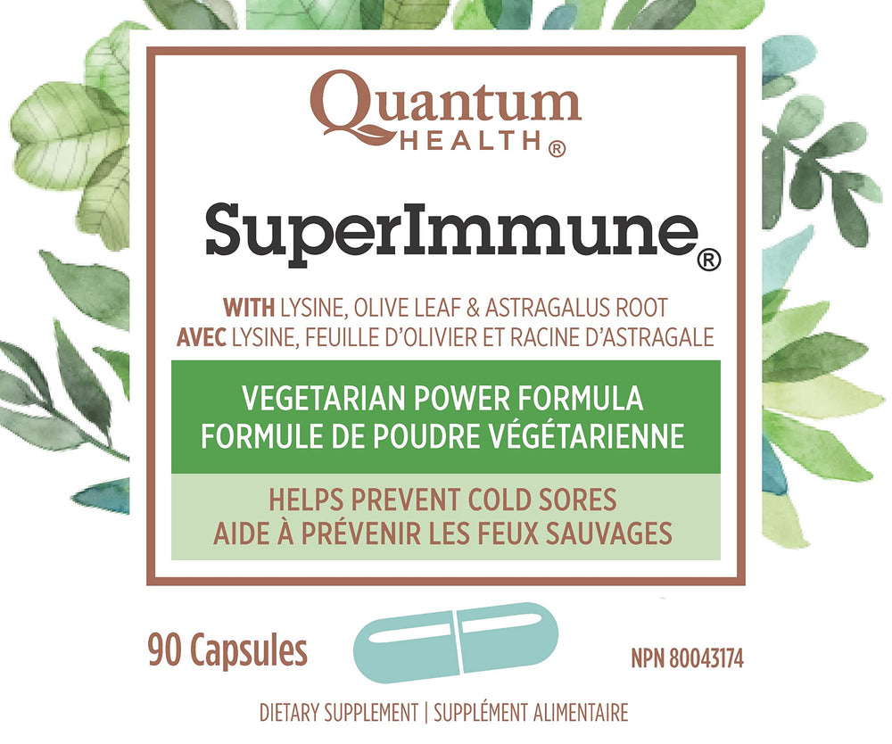 Quantum Health Super Immune+ bottle label highlights vegetarian capsules for allergen-conscious living
