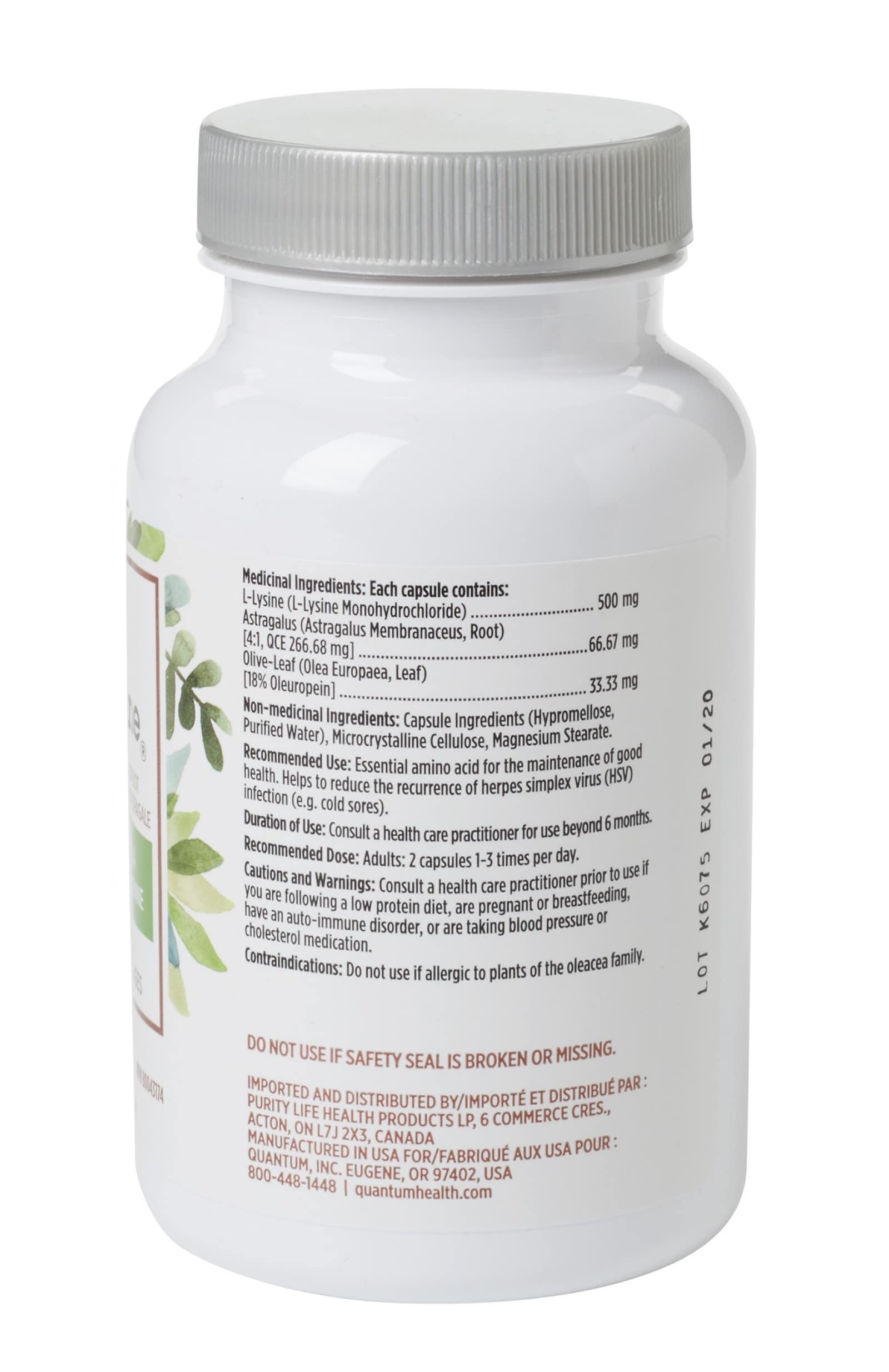Quantum Health Super Immune+ ingredient list features lysine, olive leaf, and astragalus