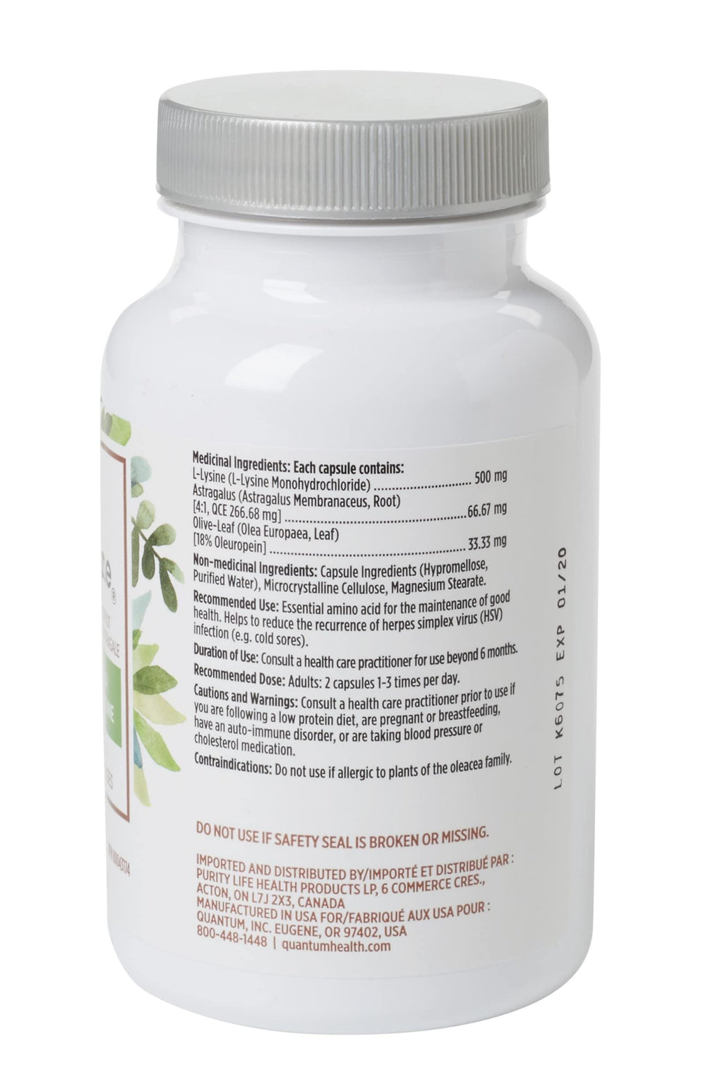 Quantum Health Super Immune+ ingredient list features lysine, olive leaf, and astragalus