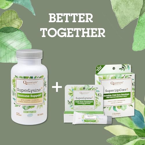 Quantum Health SuperLysine+ bottle back-label highlights ingredients like lysine and echinacea.