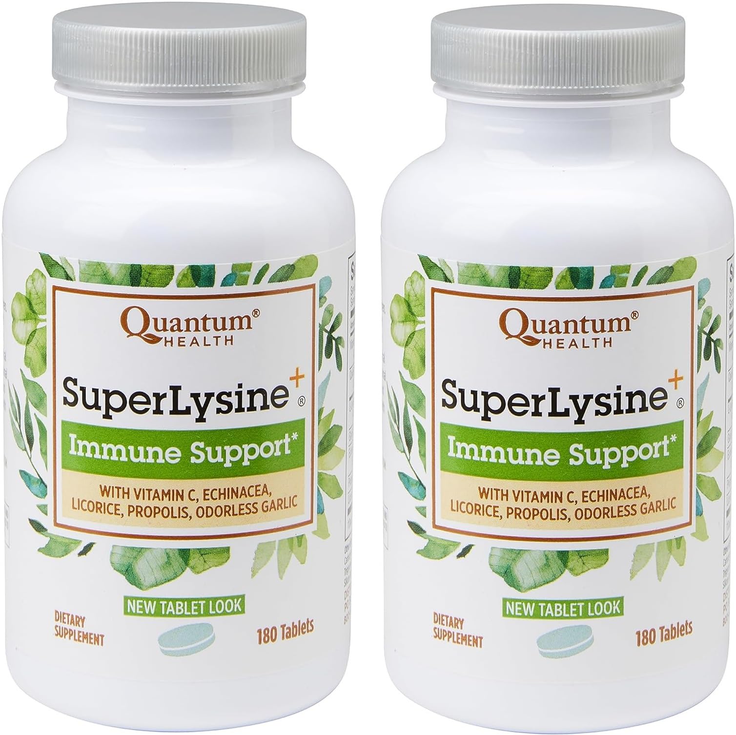 Quantum Health SuperLysine+ bottle front displays product and label for immune support.