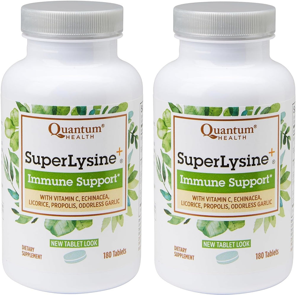 Quantum Health SuperLysine+ bottle front displays product and label for immune support.