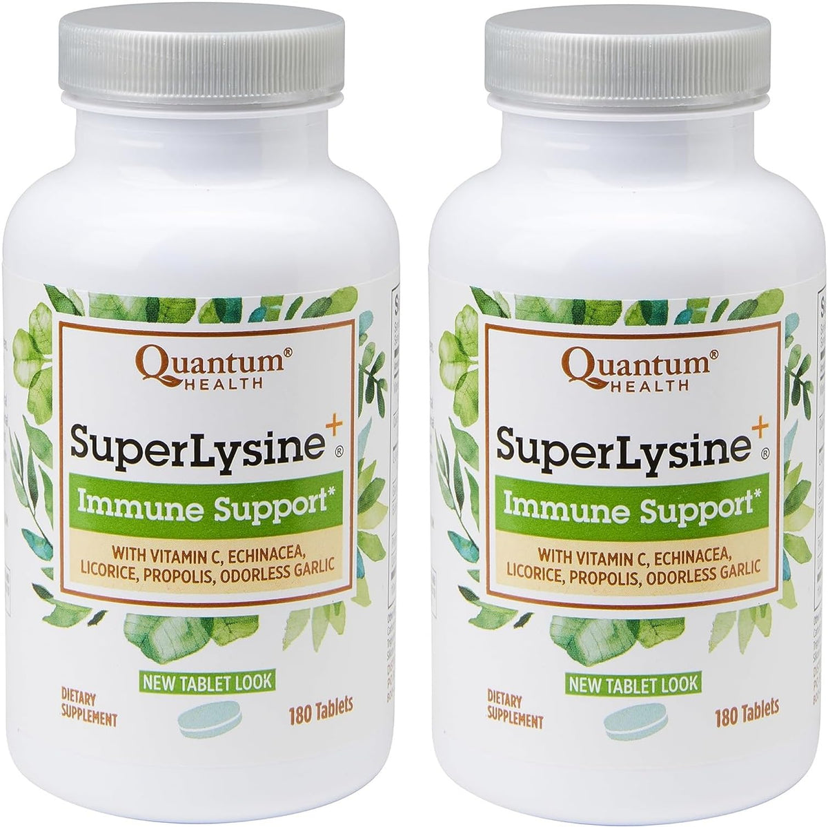 Quantum Health SuperLysine+ bottle front displays product and label for immune support.