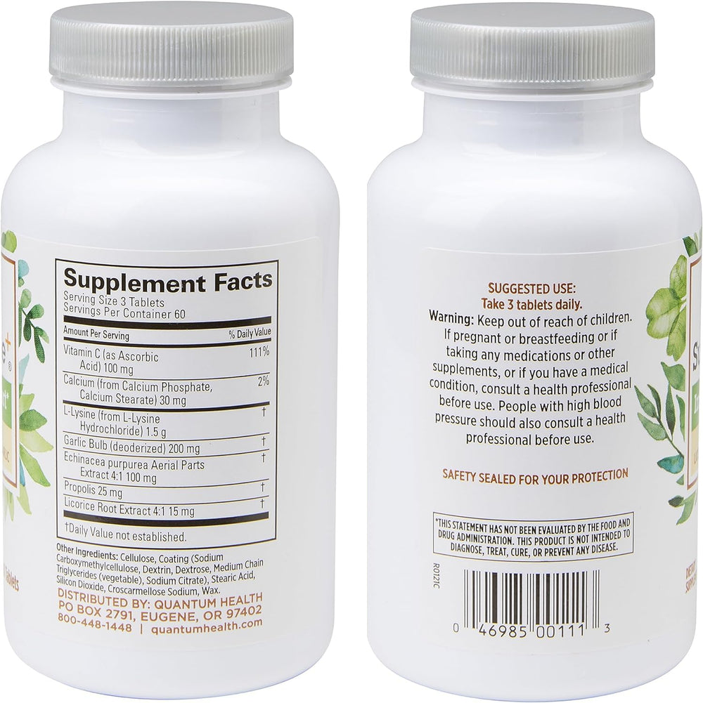 Quantum Health SuperLysine+ box packaging shows two-bottle set for ongoing use.