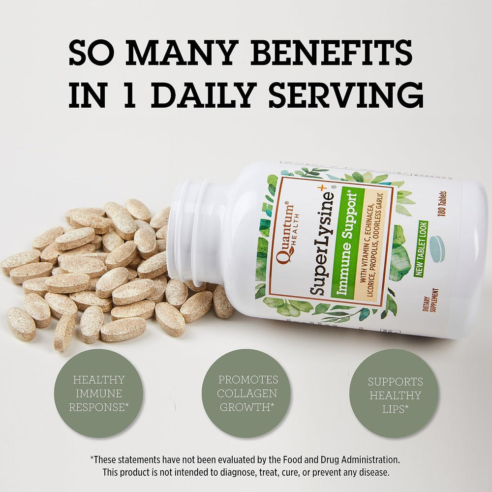 Quantum Health SuperLysine+ dosage-pack display suggests a consistent daily ritual.