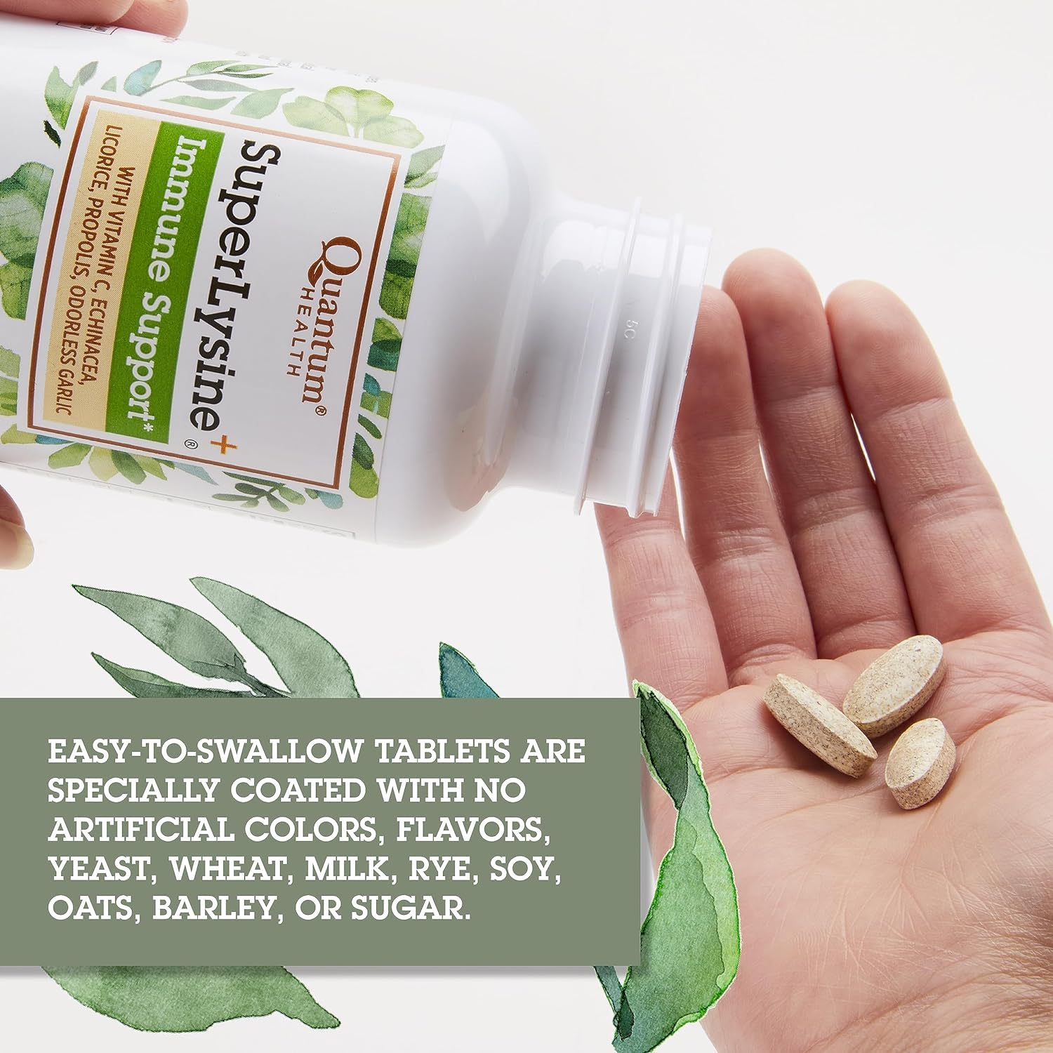 Quantum Health SuperLysine+ ingredients panel features lysine, vitamin C, echinacea, licorice.