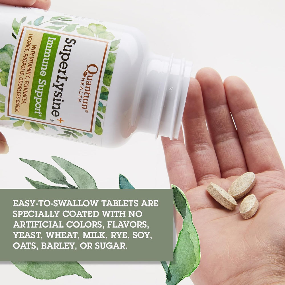 Quantum Health SuperLysine+ ingredients panel features lysine, vitamin C, echinacea, licorice.