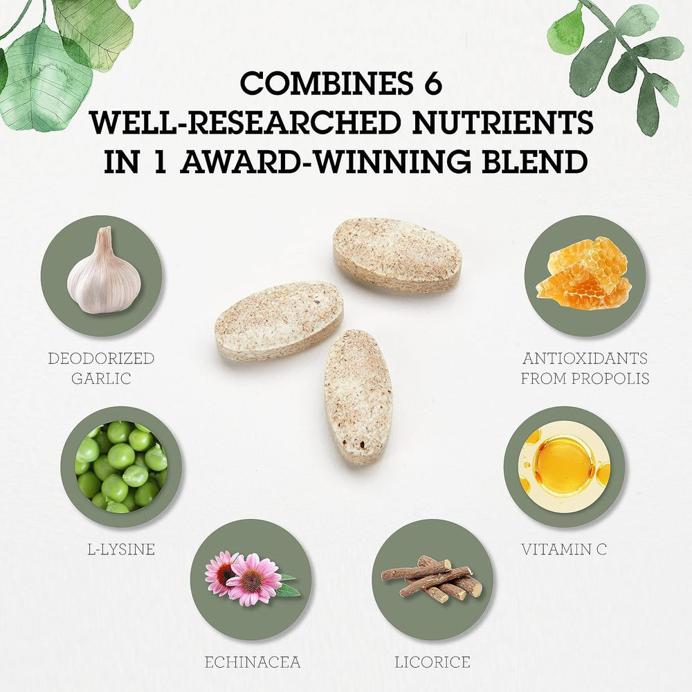 Quantum Health SuperLysine+ tablets close-up reveal coated, easy-to-swallow design.